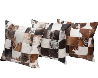 Cowhide Patchwork Pillow, Tri-Color Leather Throw Pillow (20x20, Insert Included)