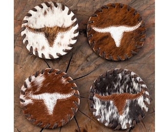 Texas Longhorn Cowhide Coasters Longhorn Cowhide Coaster Set Cowhide Leather Coasters Cowhide Leather Coaster Set New Home Gift Barware