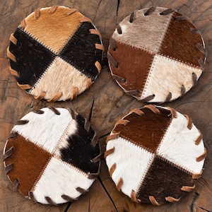 Patchwork Cowhide Coasters Cowhide Coaster Set Cowhide Leather Coasters Cowhide Leather Coaster Set New Home Gift for Her Gift for Him