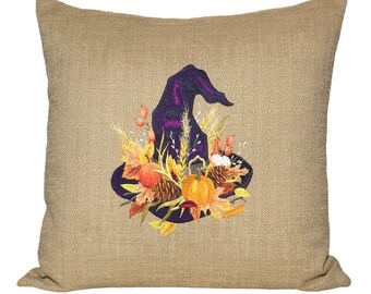 Embroidered Witch Hat Pillow Cover, Beige Halloween Fall Decor