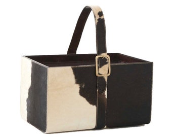 Tri-Color Cowhide Magazine Basket, Brazilian Leather Organizer