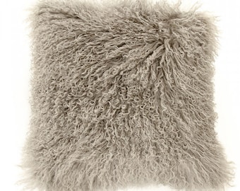 Gray Sheepskin Pillow Grey Sheepskin Throw Pillow Gray Mongolian Lamb Fur Pillow Farmhouse Decor