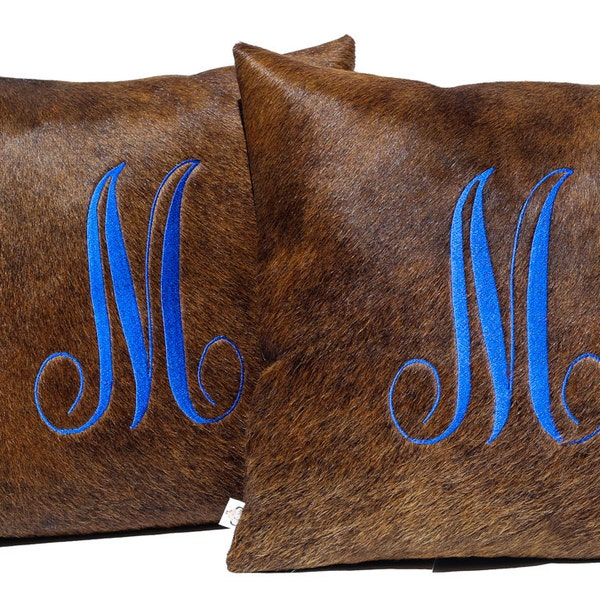 Personalized Cowhide Pillow Custom Cowhide Pillow Monogram Initial Cowhide Pillow Embroidered Leather Hide Rustic Home Decor
