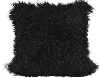 Almohada de piel de oveja negra, cojín de piel de cordero mongol