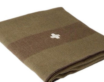 Vintage Swiss Army Wool Blanket - Green Retro Throw, Rustic Decor