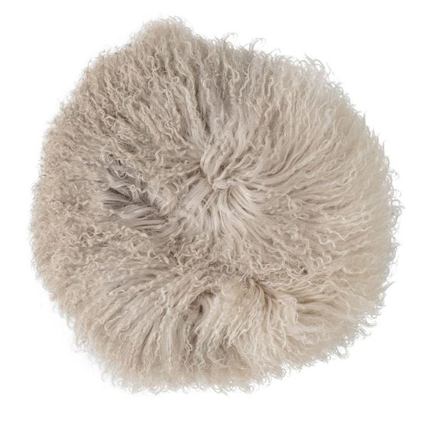 Grey Tibetan Lamb Fur Pillow Gray Sheepskin Pillow Bohemian Sheepskin Round Pillow