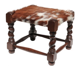 Antique English Oak Footstool, Cowhide Top, Barley Twist Legs
