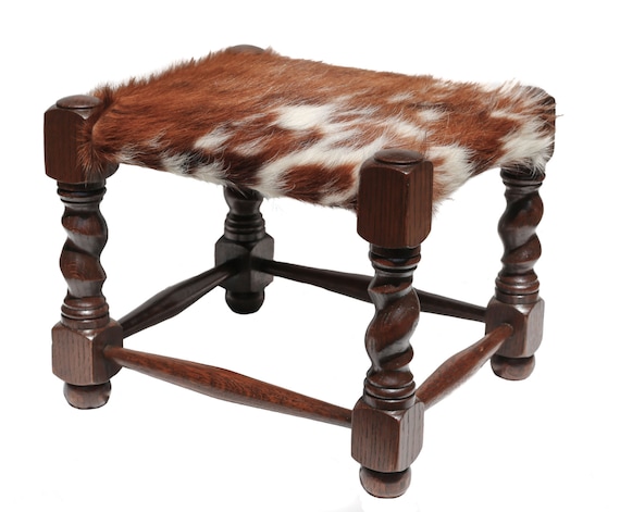 Vintage Wood Furniture Cowhide Stool Cowhide Footstool Cowhide Ottoman Antique Barley Twist Hand Carved Oak Wood Furniture Rustic Home Decor