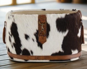 Cowhide Magazine Basket, Exotic Brazilian Leather Accent