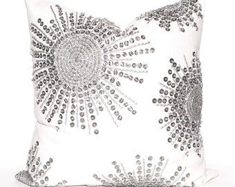 Silver Sequin Throw Pillow, White Art Deco Pillow Cover (20x20)