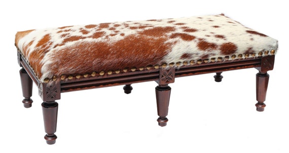 Vintage French Cowhide Stool: Hand-Carved Eastlake, 1800s Louis XVI