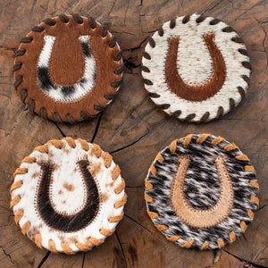 Horseshoe Cowhide Coasters Horseshoe Cowhide Coaster Set Patchwork Cowhide Leather Coasters Cowhide Leather Coaster Set New Home Gift