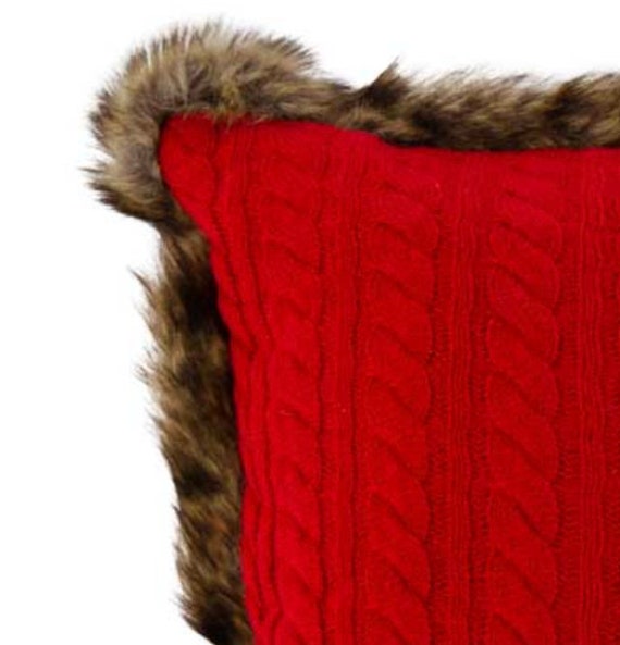 Faux Fur Christmas Pillow Red Chunky Knit Pillow Hand Knitted Pillow Christmas Decor Red Knit Pillow Christmas Decorations