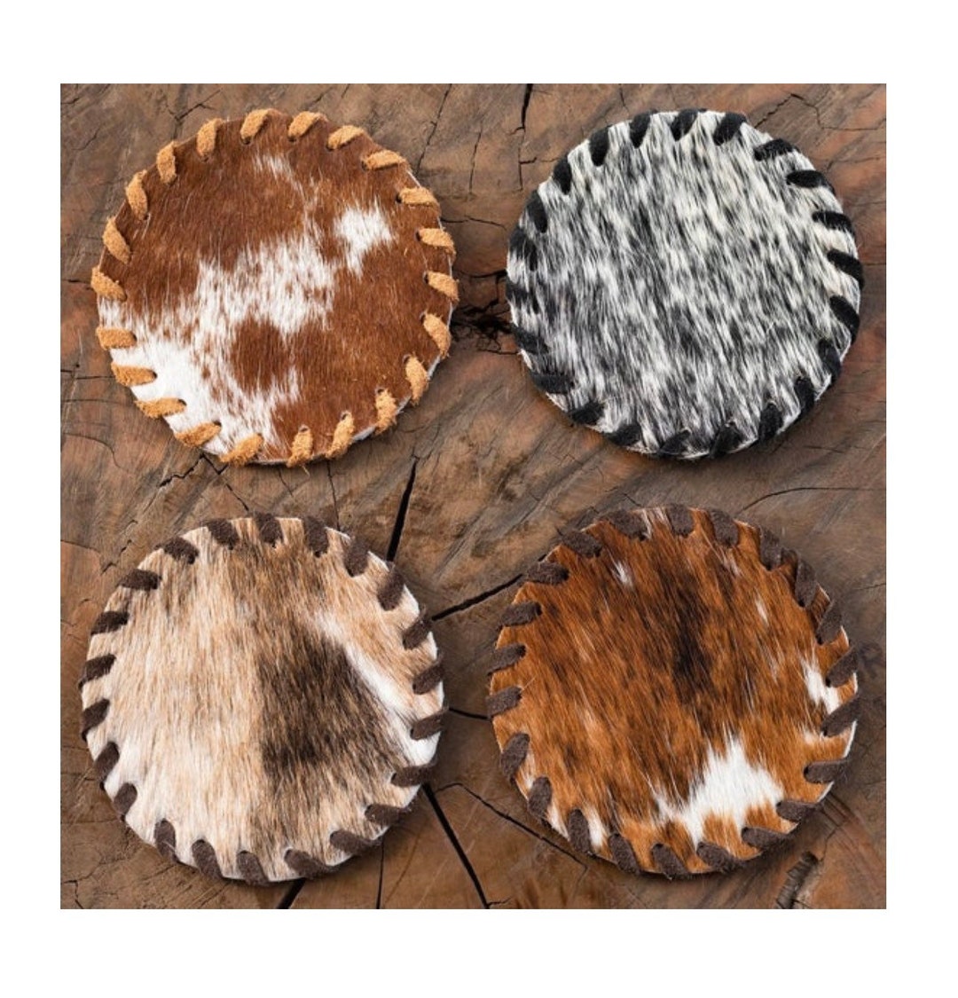 Cowhide Coasters Cowhide Coaster Set Cowhide Leather Coasters Cowhide