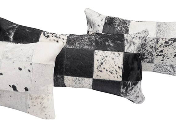 Black and White Cowhide Patchwork Pillow Black Patchwork Cowhide Pillow Black Cowhide Throw Pillow Cowhide Lumbar Pillow Farmhouse Decor