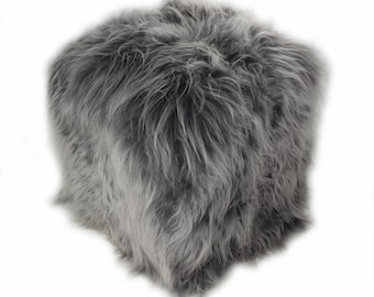 Gray Icelandic Sheepskin Pouf Ottoman Grey Icelandic Sheepskin Floor Cushion Farmhouse Decor Natural Fur Stool Rustic Home Decor