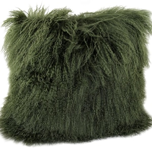 Olive Green Sheepskin Pillow Olive Green Sheepskin Throw Pillow Green Sheepskin Fur Pillow Green Fur Pillow Green Tibetan lamb Fur Pillow