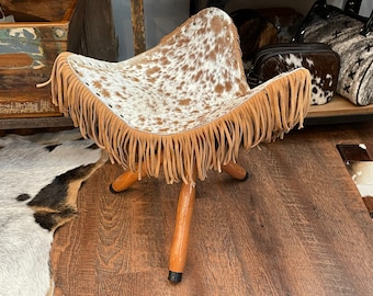 Cowhide Tripod Stool, Exotic Brazilian Leather, Suede Fringe