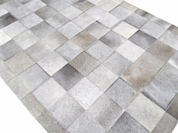 Handmade Grey and White Cowhide Patchwork Rug 3D Square Design Cow Skin ...