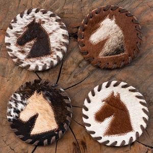 Horse Cowhide Coasters Horse Cowhide Coaster Set Cowhide Leather Coasters Cowhide Leather Coaster Set New Home Gift for Her Gift for Him