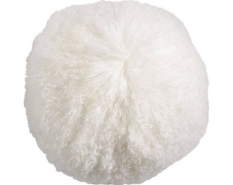 Off White Tibetan Lamb Fur Pillow White Sheepskin Pillow Bohemian Sheepskin Round Pillow