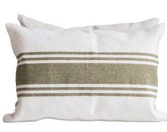 Green Stripe Shabby Chic Pillow Green French Provincial Throw Pillow Green Stripe Cotton Lumbar Pillow Farmhouse Decor