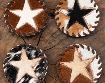 Star Cowhide Coasters Star Cowhide Coaster Set Patchwork Cowhide Leather Coasters Cowhide Leather Coaster Set New Home Gift Barware