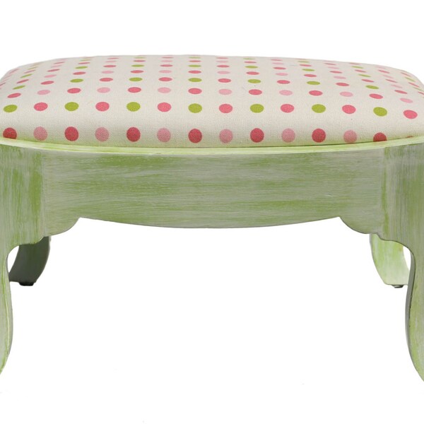 Vintage Distressed Footstool - Nursery Stool - Pink Polka Dot Fabric - Antique - Baby Furniture - Little Girl Decor - Lime Green