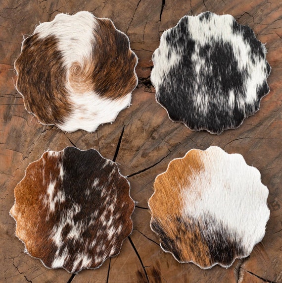Cowhide Coasters Cowhide Coaster Set Cowhide Leather Coasters Etsy