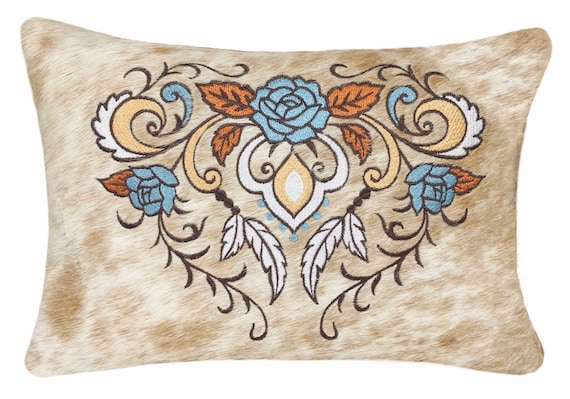 Turquoise Western Fur Pillow Floral Cowhide Pillow Embroidered Etsy