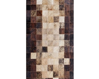 Gestroomd runderleer patchwork loper: exotisch Braziliaans leer, rustiek interieur