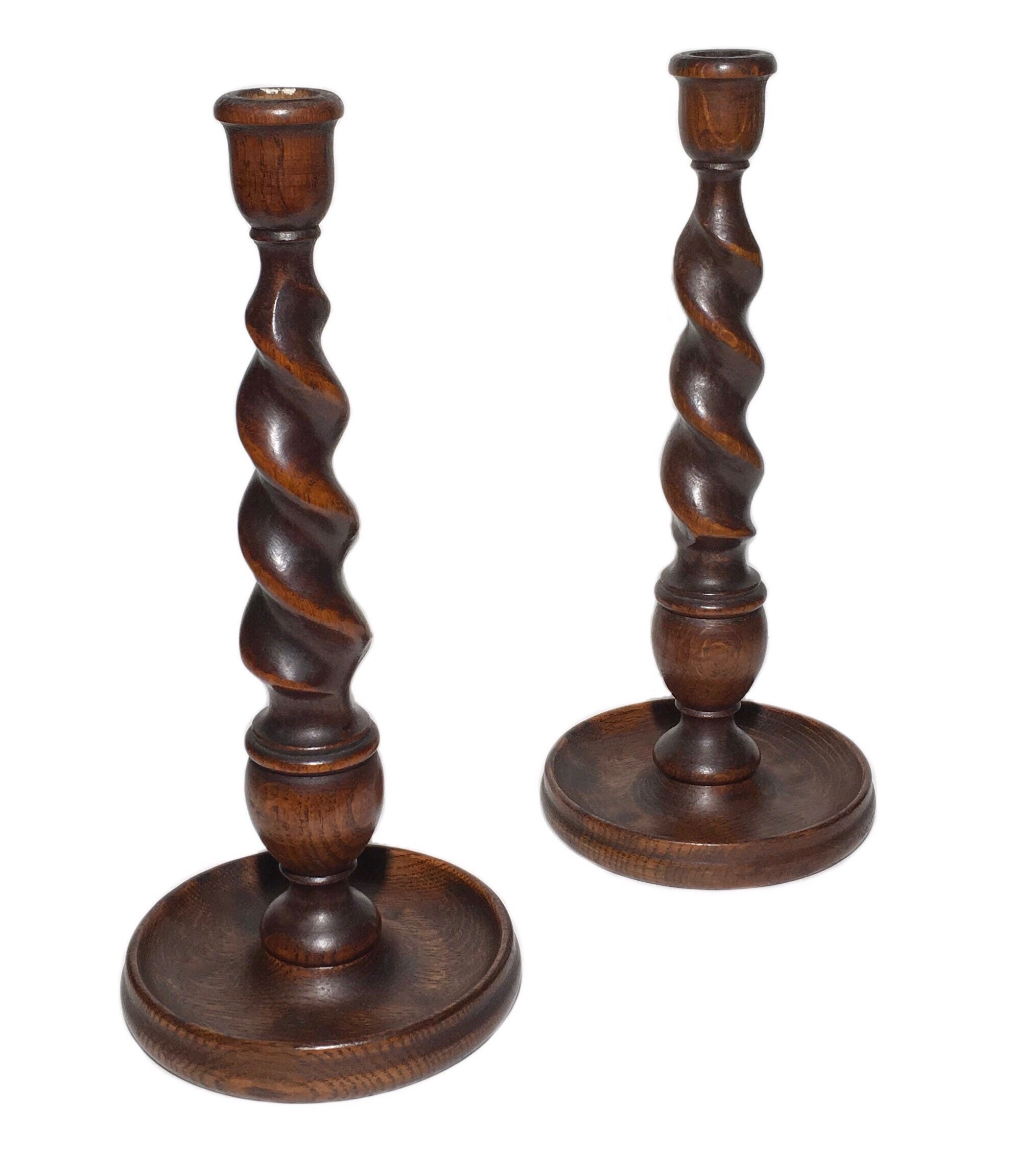 Antique Oak Barley Twist Candlestick Holders, Victorian Home Decor