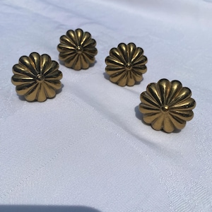 May include: A set of four circular brass cabinet knobs, each featuring a radial fluted design with a small central dome. The metallic finish has a warm golden tone, and the knobs are arranged in a cluster, showcasing their uniform shape and size.