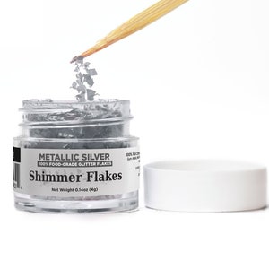 Metallic Silver Edible Shimmer Flakes (4g and 25g Sizes) Glitter Flakes For Cupcakes, Cakes, Cookies and Savory Delights by Bakell