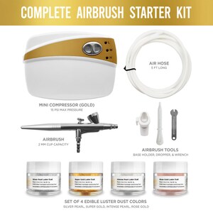 May include: Complete airbrush starter kit with a mini gold compressor, airbrush, air hose, airbrush tools, and four edible luster dust colors. The kit includes silver pearl, super gold, intense pearl, and rose gold.
