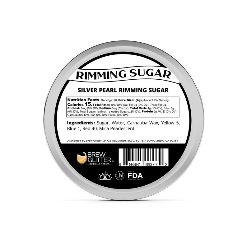 May include: A white plastic container with a silver lid. The lid has the text "RIMMING SUGAR" in black lettering and "SILVER PEARL RIMMING SUGAR" in smaller black lettering. The container has a nutrition facts label and a list of ingredients. The ingredients include sugar, water, carnauba wax, yellow 5, blue 1, red 40, and mica pearlescent.