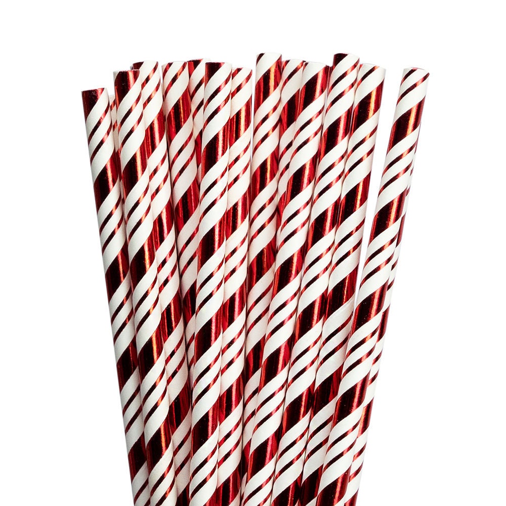 25pcs Disposable Red & Green Stripe Candy Cane Paper Straws