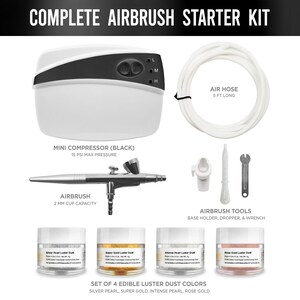May include: Complete airbrush starter kit with a mini compressor, airbrush, air hose, tools, and four edible luster dust colors: silver pearl, super gold, intense pearl, and rose gold.