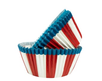 Red, White and Blue Pin Wheel Cupcake Wrappers (25pcs, Standard Size) Grease Resistant Cake Liners for Baking, Caking and Crafting by Bakell