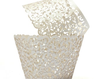 Off-White Floral Lace Cupcake Wrappers (25pcs, Standard Size) Grease Resistant Cake Liners for Baking, Caking and Crafting by Bakell