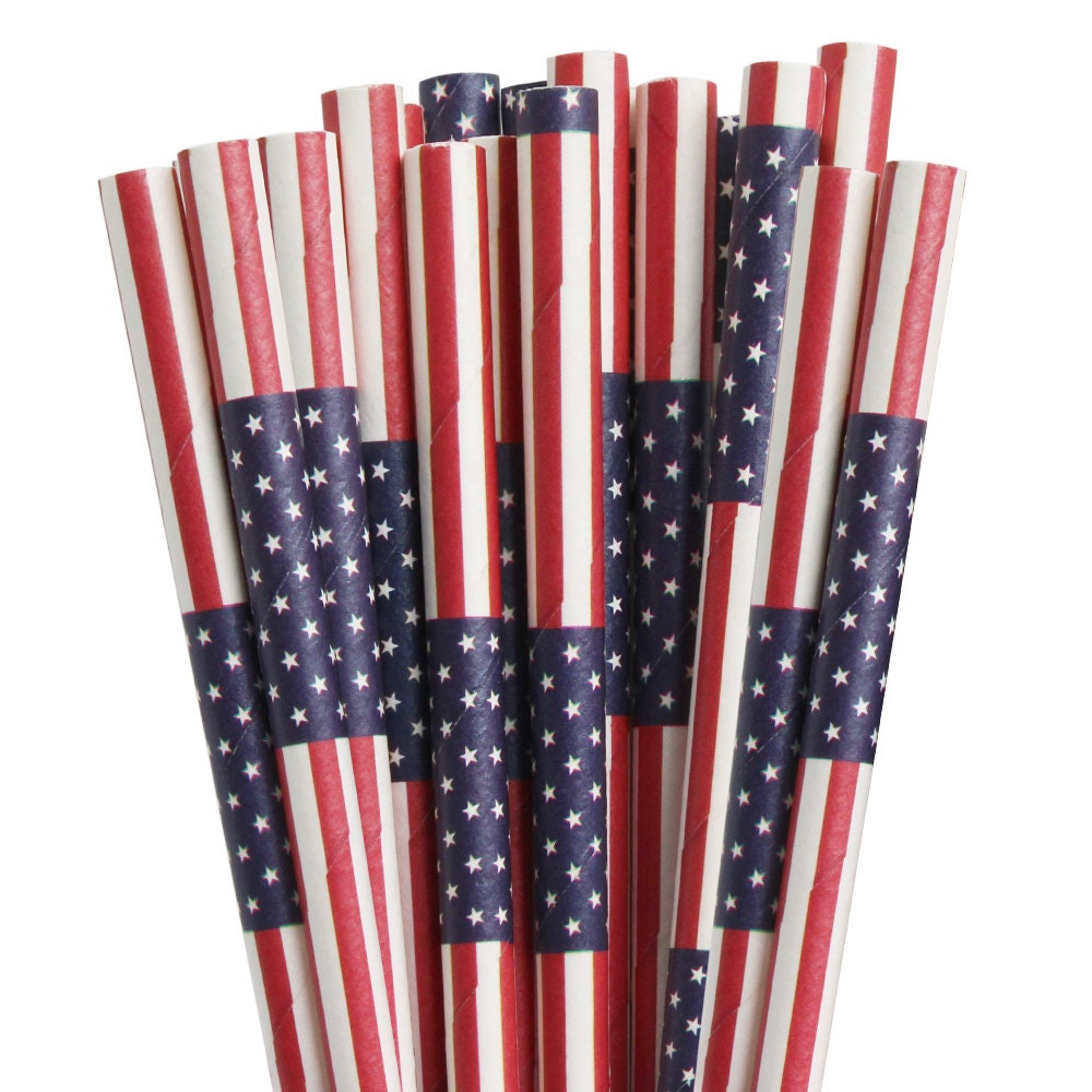 American Flag Print Paper Straws (24 Pieces) For Cake Pops, Beverages, Crafting and Baking by Bakell