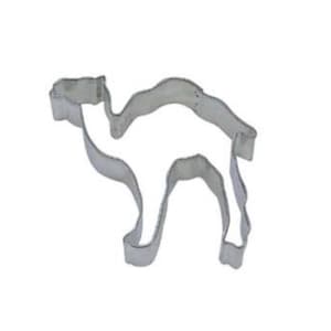 May include: A metal cookie cutter shaped like a camel. The cutter is silver in color and has a smooth, shiny finish.