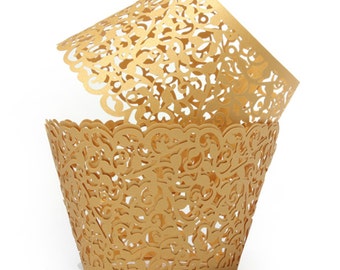 Bakell - Gold Vine Lace Cupcake Liners, wrappers  | 25 PC Set | Cake Liners & Wrapper Cupcake - Baking, Caking and Craft Tools