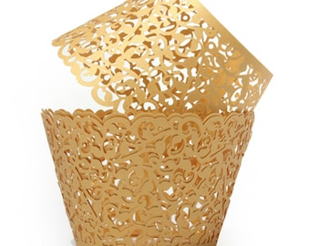 Gold Vine Lace Cupcake Wrappers (25pcs, Standard Size) Grease Resistant Cake Liners for Baking, Caking and Crafting by Bakell