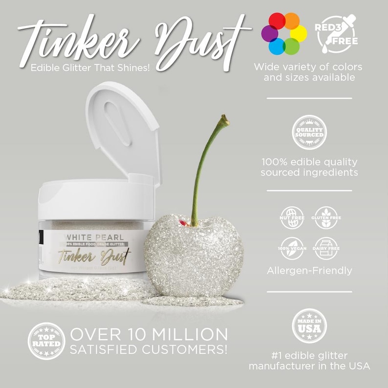Puede incluir: Un tarro blanco de purpurina comestible etiquetado como "White Pearl Tinker Dust" con una cereza de purpurina plateada a su lado. El tarro tiene una tapa blanca que est&aacute; parcialmente abierta. El fondo es gris claro. El texto "Over 10 Million Satisfied Customers!" est&aacute; debajo del tarro y la cereza.