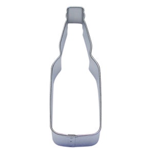 May include: A silver metal cookie cutter shaped like a bottle. The cutter is designed to cut out cookie dough in the shape of a bottle.