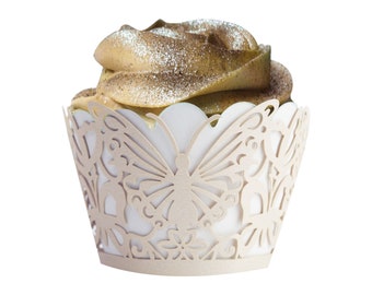 Ivory Butterfly Cupcake Wrappers (25pcs, Standard Size) Grease Resistant Cake Liners for Baking, Caking and Crafting by Bakell
