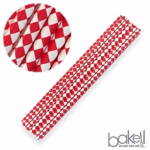 May include: Red and white checkered paper straws. The straws are bundled together and have a diamond pattern.