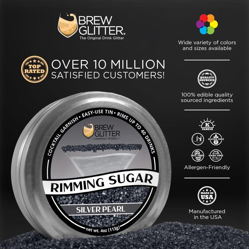 Silver Pearl Drink Rimming Sugar (4oz & 1lb Bulk Sizes) | Sugar for Garnishing Cocktails, Beverages and Soft Drinks by Brew Glitter image 2