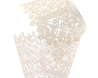 Ivory Pearlized Lace Cupcake Wrappers (25pcs, Standard Size) Grease Resistant Cake Liners for Baking, Caking and Crafting by Bakell